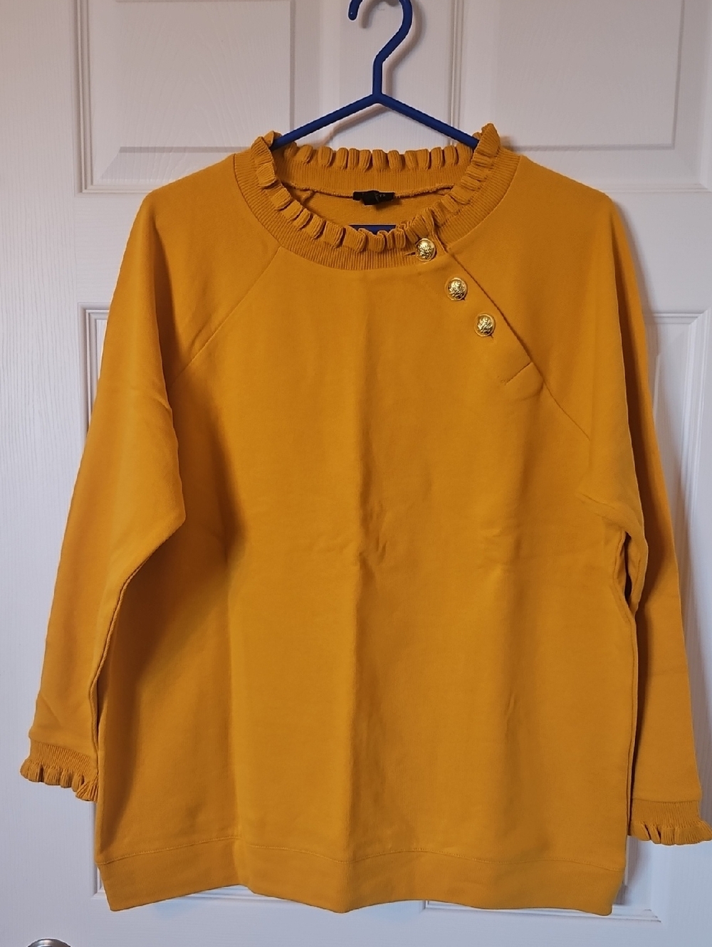 Talbots Mustard Ruffle-Neck Sweatshirt with Decorative Buttons